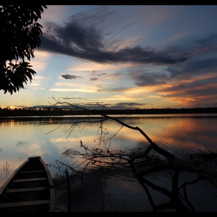 Sunset over Lago Sandobal. Thunderous voices of the holler monkeys screaming up a storm make for an ominous soundtrack - alerting to the fact that the jungle wakes up at this hour