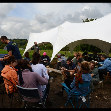 The volunteering crew enjoying a most delicious and VERY organic lunch