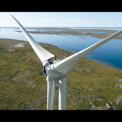 Turbine installation at the Diavik Diamond mine. With the span of the blades the turbine reach an impressive height of 100 mts