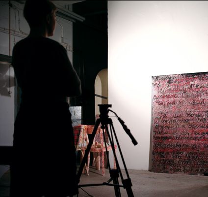 Studio in Dusseldorf, work: Look How Beautiful, 2011, acrylic, glitter on PVC Mirror